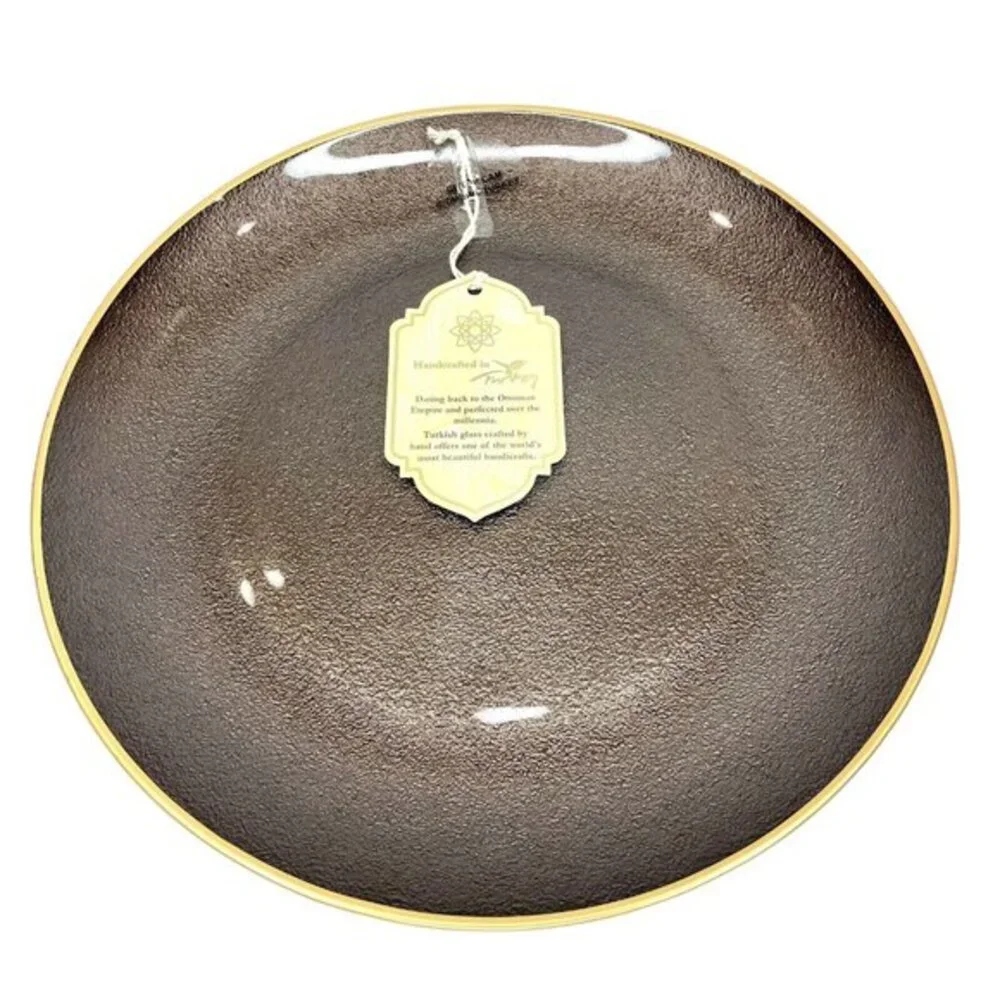 Turkish Glass 4 Entree Dinner Plates Set Brown Textured Gold Rim 11